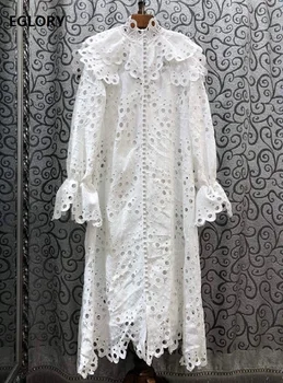 

Top Quality New 2020 Spring Summer Long Dress Women Allover Cut Out Embroidery Tunic Button Deco Flare Sleeve White Dress Long