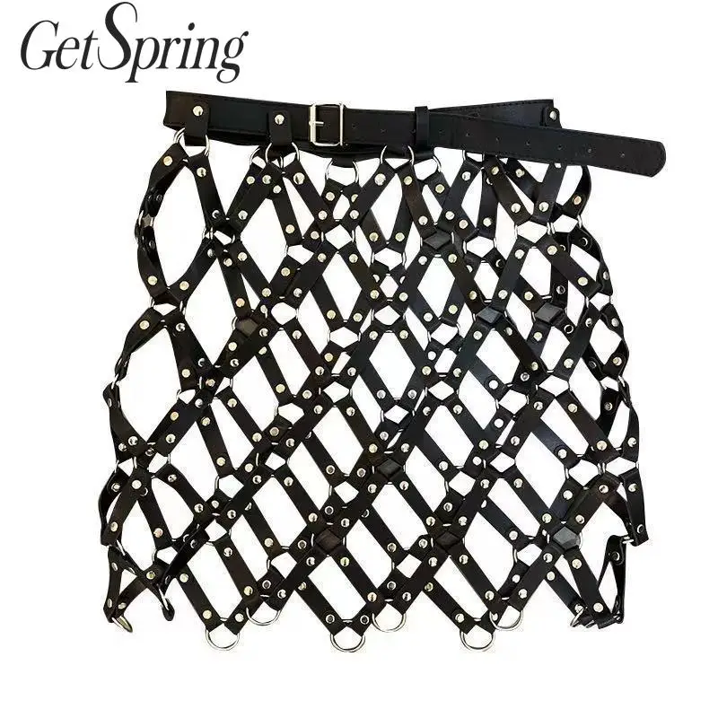 

GetSpring Women Skirt PU Leather Mini Skirts Hollow Out Rivet Decorative Sexy Black Skirt All Match High Waist Pencil Skirts New