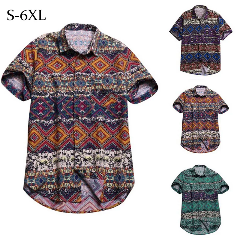 Гавайская Мужская рубашка, 6XL, мужские рубашки, приталенный крой, хлопок, цветочный рисунок, короткий рукав, отложной воротник, изогнутый подол размера плюс, топы, Camisa, лето