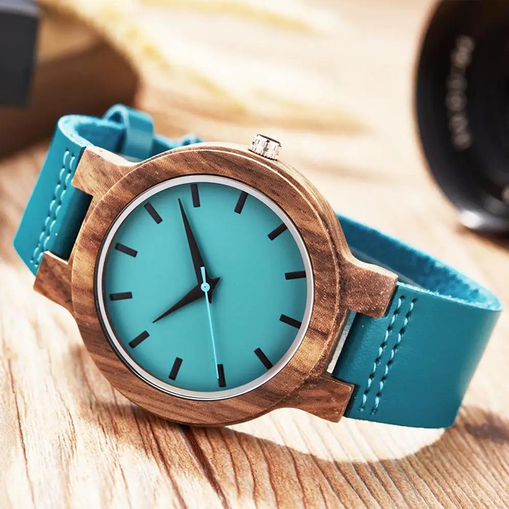 

Couple Wood Watch Men Women Fashion Blue Leather Brown Wooden Case Quartz Watch For Male Clock Man Wristwatch Relogio Masculino