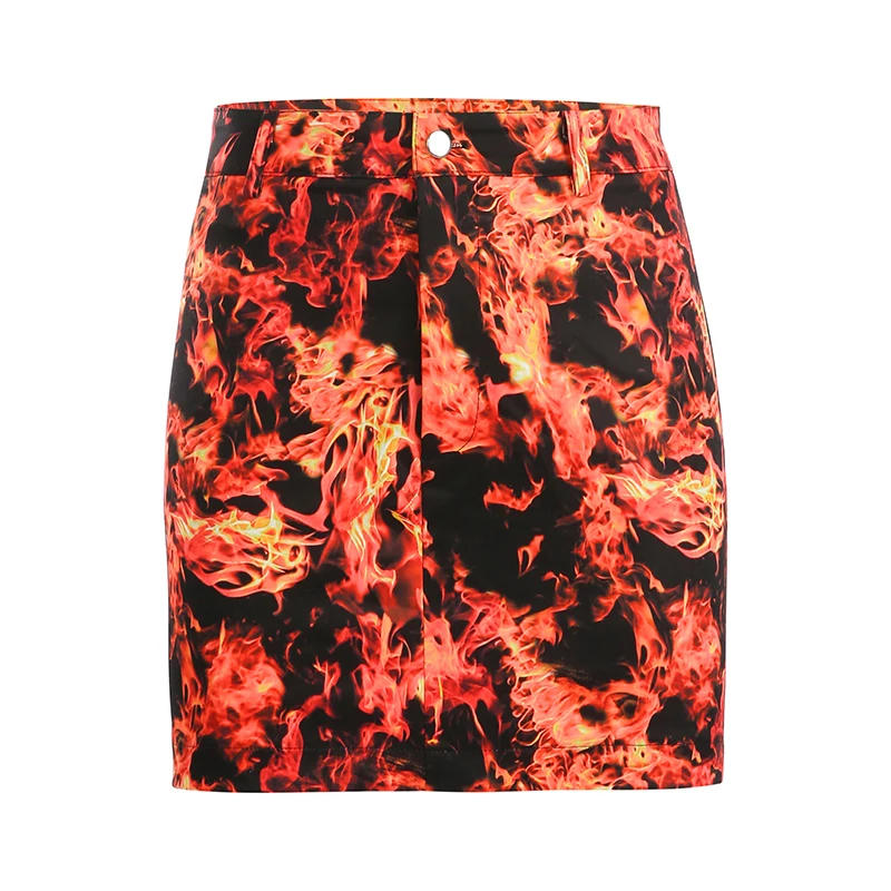 Мини-юбки Rockmore с принтом огненного пламени, женская красная юбка с высокой талией, на молнии, повседневная, Harajuku, Готическая, сексуальная, выше колена, обёрточная бумага, юбки для женщин - Цвет: Красный