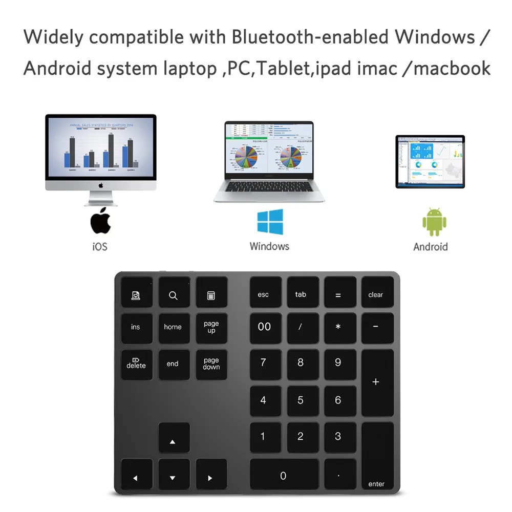 Aluminum Alloy Bluetooth Wireless Numeric Keyboard Rechargeable 34 Keys Mini Keypads for Windows Mac OS Android Laptop PC