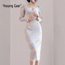 

Young Gee Elegant Lace Floral Dress Temperament Gentle Square Neck Long Sleeve Vestidos Femme Slim Ceremonial Robe Bodycon Dress