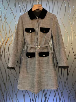 

2019 New Elegant Fashion Grey Office Lady Long Sleeve Knee- Length Dress Winter A- Line with Sashes Three Sizes S M L