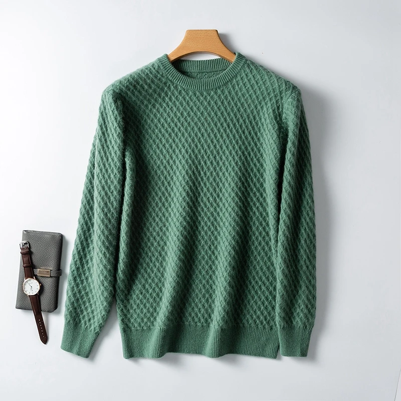 Повседневные мужские свитера и пуловеры коза, кашемир трикотажные топы осень зима длинный рукав o-образный вырез теплый толстый свободный джемпер - Цвет: Зеленый