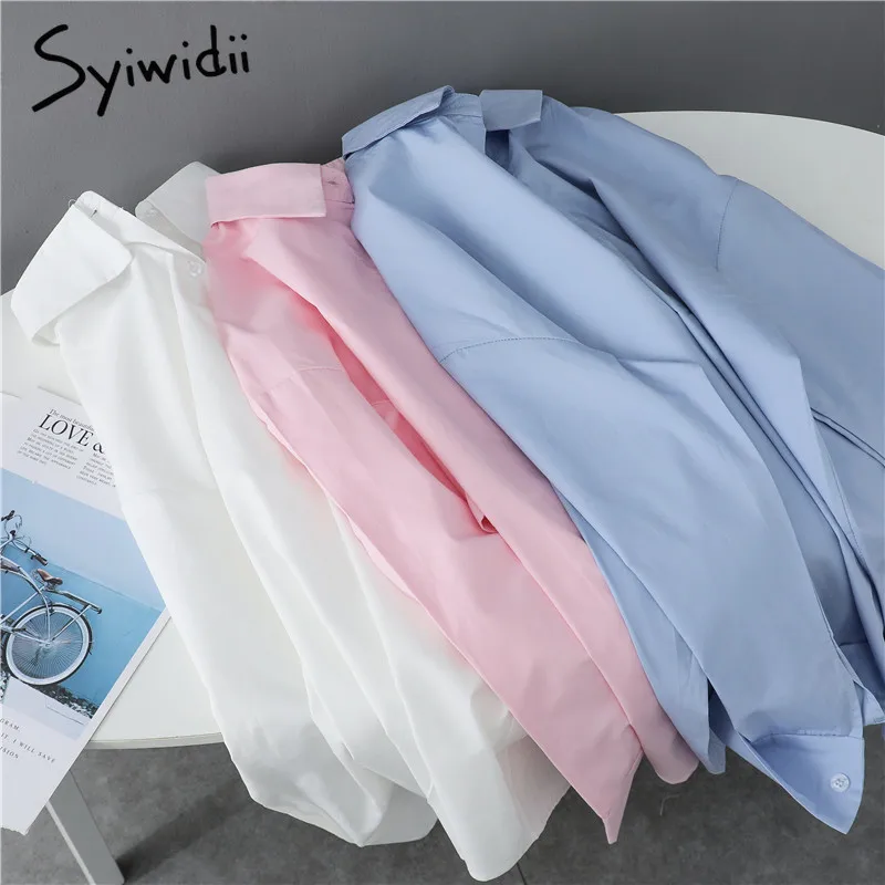 Syiwidii женские блузки офисные женские хлопковые топы большого размера плюс размера розовые белые синие с длинным рукавом 2021 весенние корейские модные рубашки|Рубашки| | АлиЭкспресс