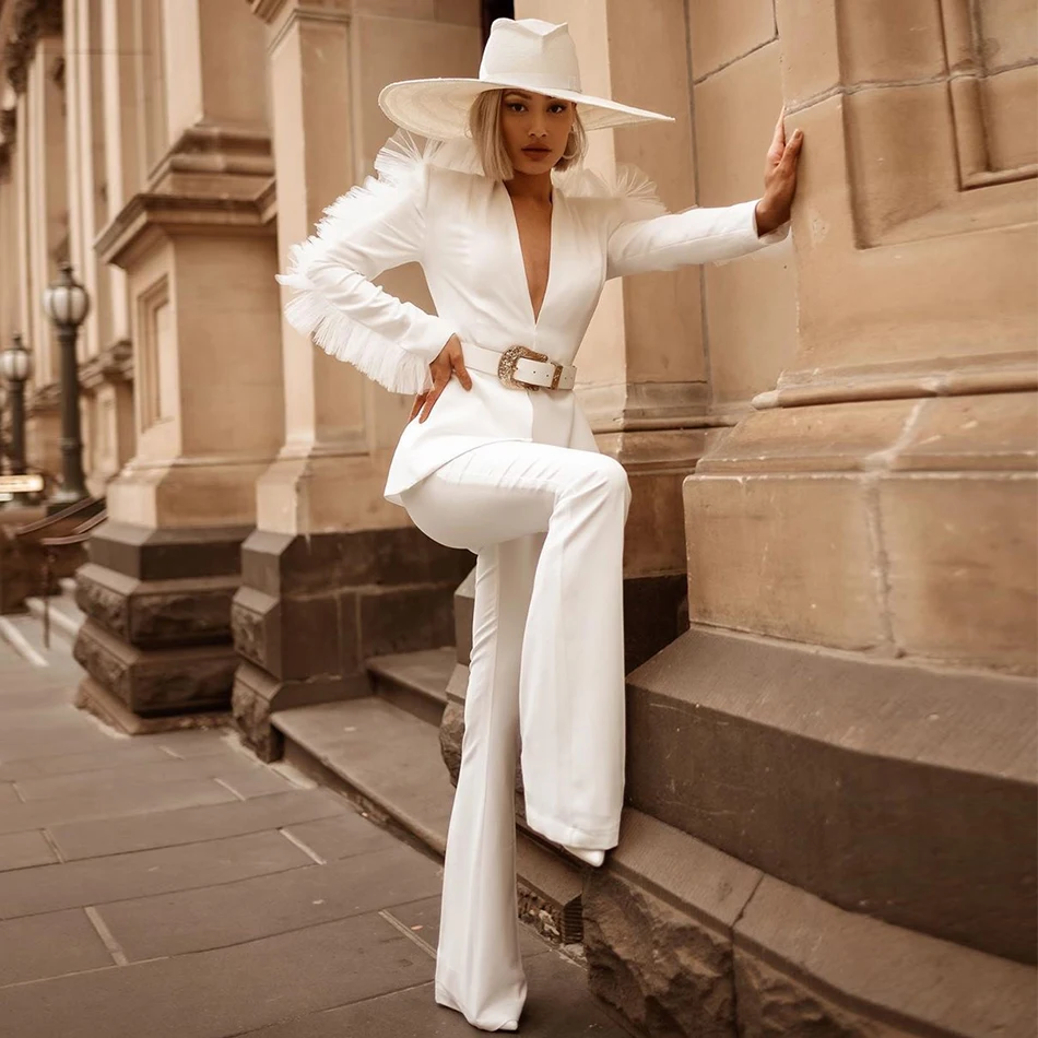 

ADYCE 2020 New Winter White Lace Celebrity Evening Runway Party 2 Two Pieces Set Sexy V Neck Black Long Sleeve Coat & Pants Sets