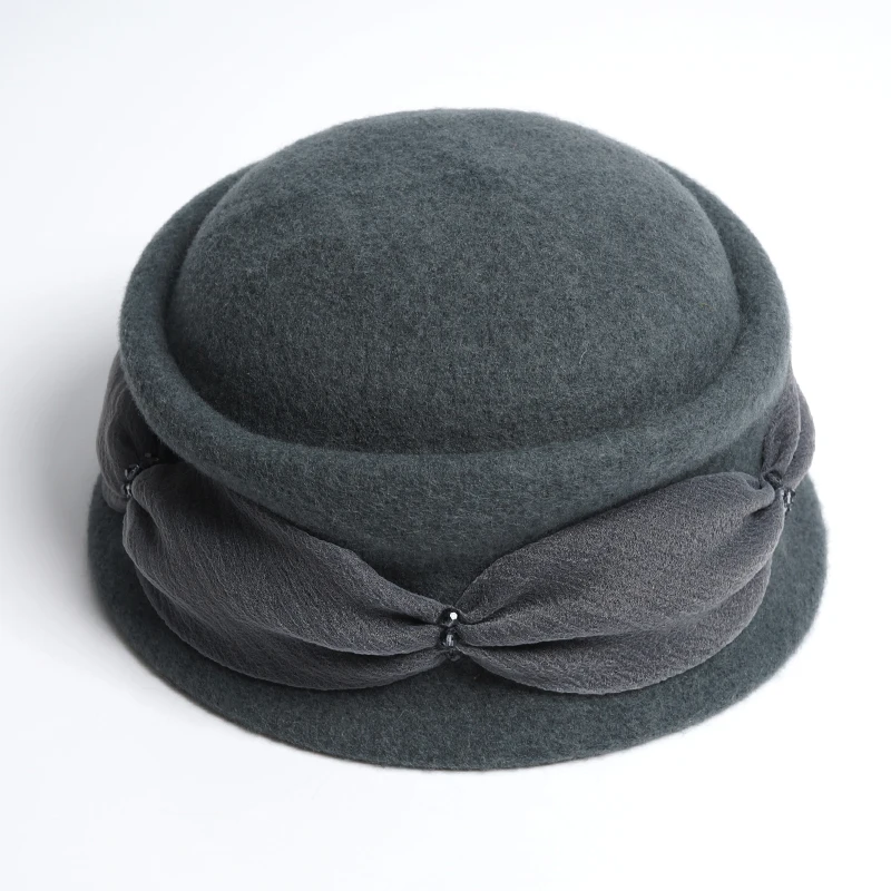 FS Vintage Pink Women Wool Cloche Round Cap Elegant Winter Fedora Bucket Beige Wine Red Bowler Hat Fashion Girl Warm Caps - Цвет: Steel Gray