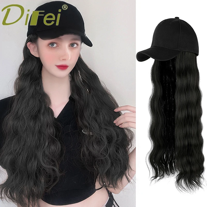 Synthetic long Corn Whisker Wig With Hat Hair Natural Black Long Curly With Peaked Cap Womens Party Wear Heat-resistant Hat Wig new arrivals 2022 summer children baby hat head cap with cooling fan kids chargeable baseball peaked cap visor hat sunhats 2 10t