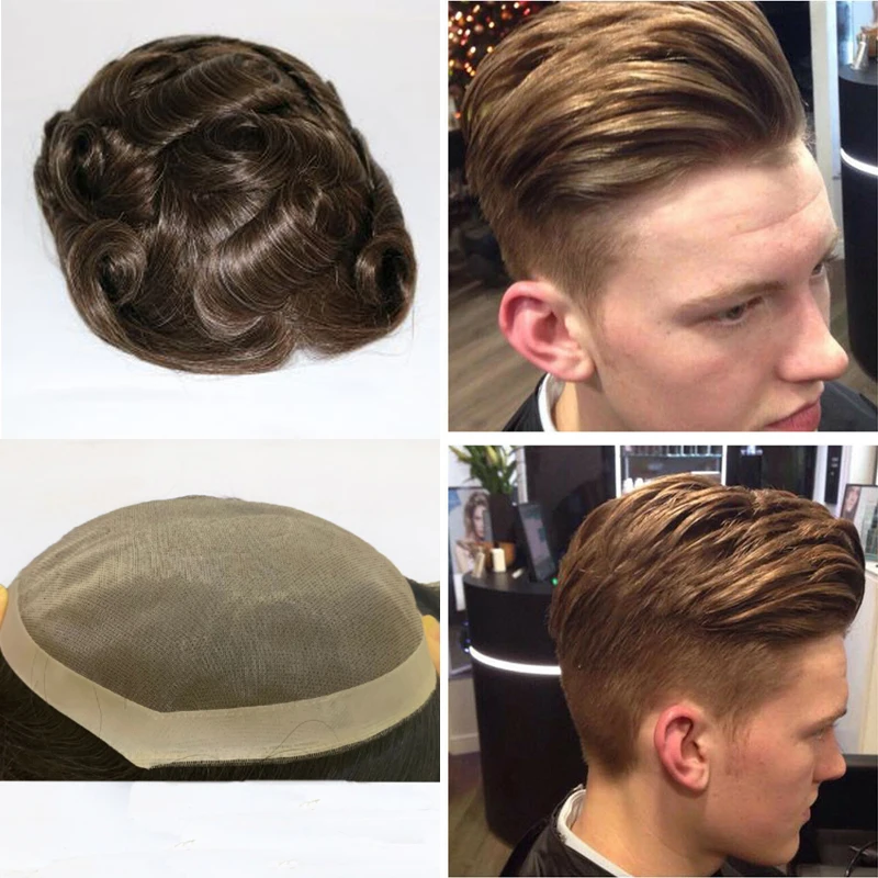 Tupé con encaje de 100% para hombre, tupé indio Remy, peluca, sistema de reemplazo, 4 colores, envío gratis