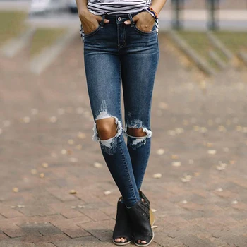 

Casual hole summer tight high waist female jeans button zipper elastic jeans trousers plus size
