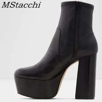 

MStacchi Chunky Heel Fashion Women Boots Pointed Toe Zipper Thick Bottom Boots Black Sexy Snakeskin Party Ankle Boots For Women