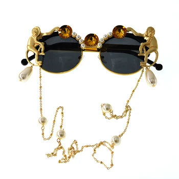 

Gold Monkey Baroque Sunglasses Women Brand Retro Leopard Beach Metal Chain Pearl Cat Eye Ladies Sun Glasses Lunette Soleil Femme