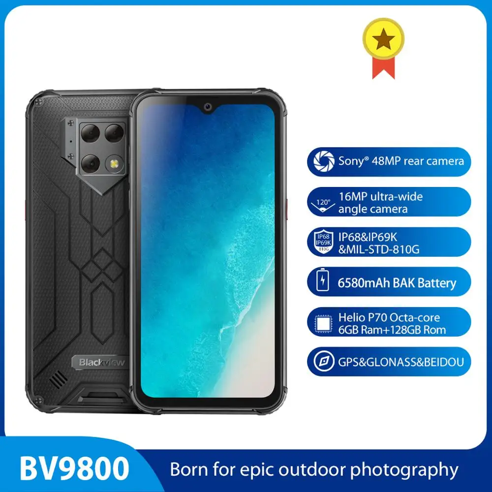 Blackview BV9800 48MP Camera Smartphone 6.3&quotFHD Screen IP68 Waterproof P70 Android 9.0 6GB+128GB Wireless Charging Mobile Phone |