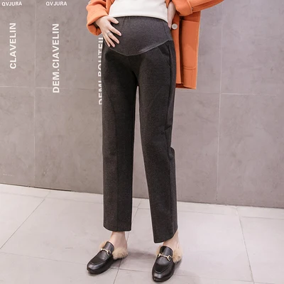 Темно-серый 771# Woolen Maternity Straight Pants Elastic Waist Belly Casual Pants Clothes for Pregnant Women Autumn Winter Pregnancy Trouser - Цвет: Темно-серый