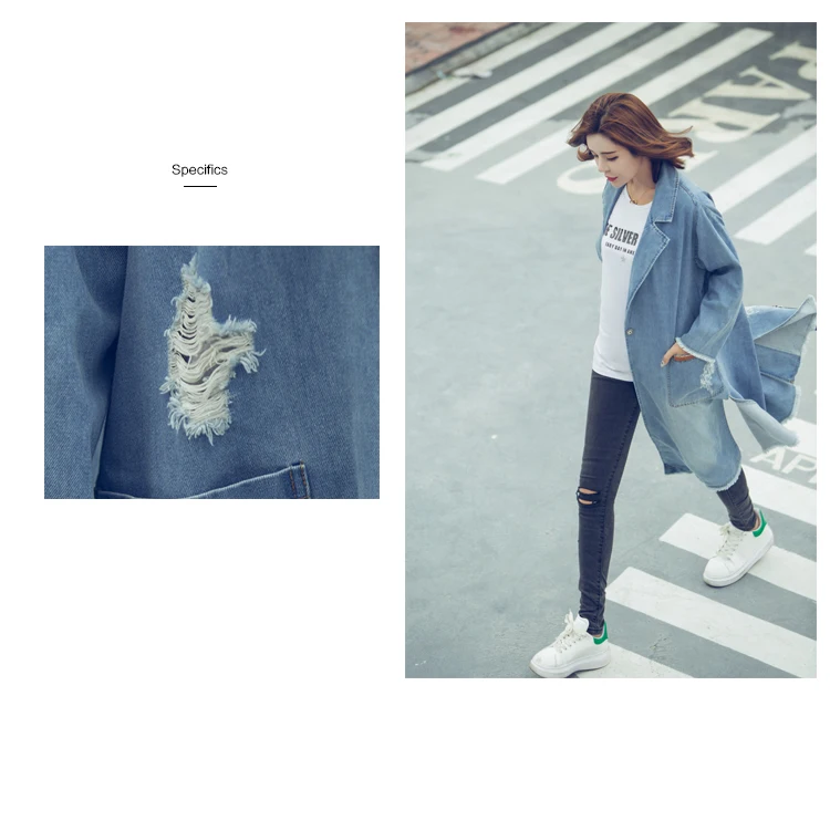 Photo Shoot New Style Korean-style Jeans Coat Fairy Mid-length Loose Casual Large Pocket with Holes Denim Windbreaker