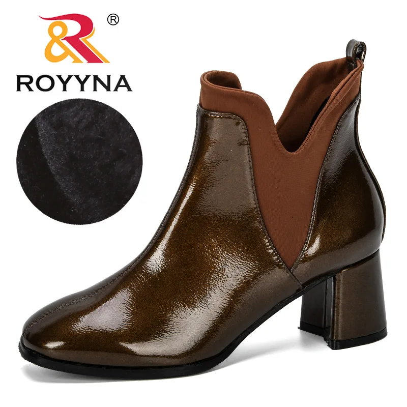 

ROYYNA 2019 New Designer Shiny Microfiber Winter Shoes Woman Spuare Toe High Heels Ankle Boots Female Botas Zapatos Mujer Trendy