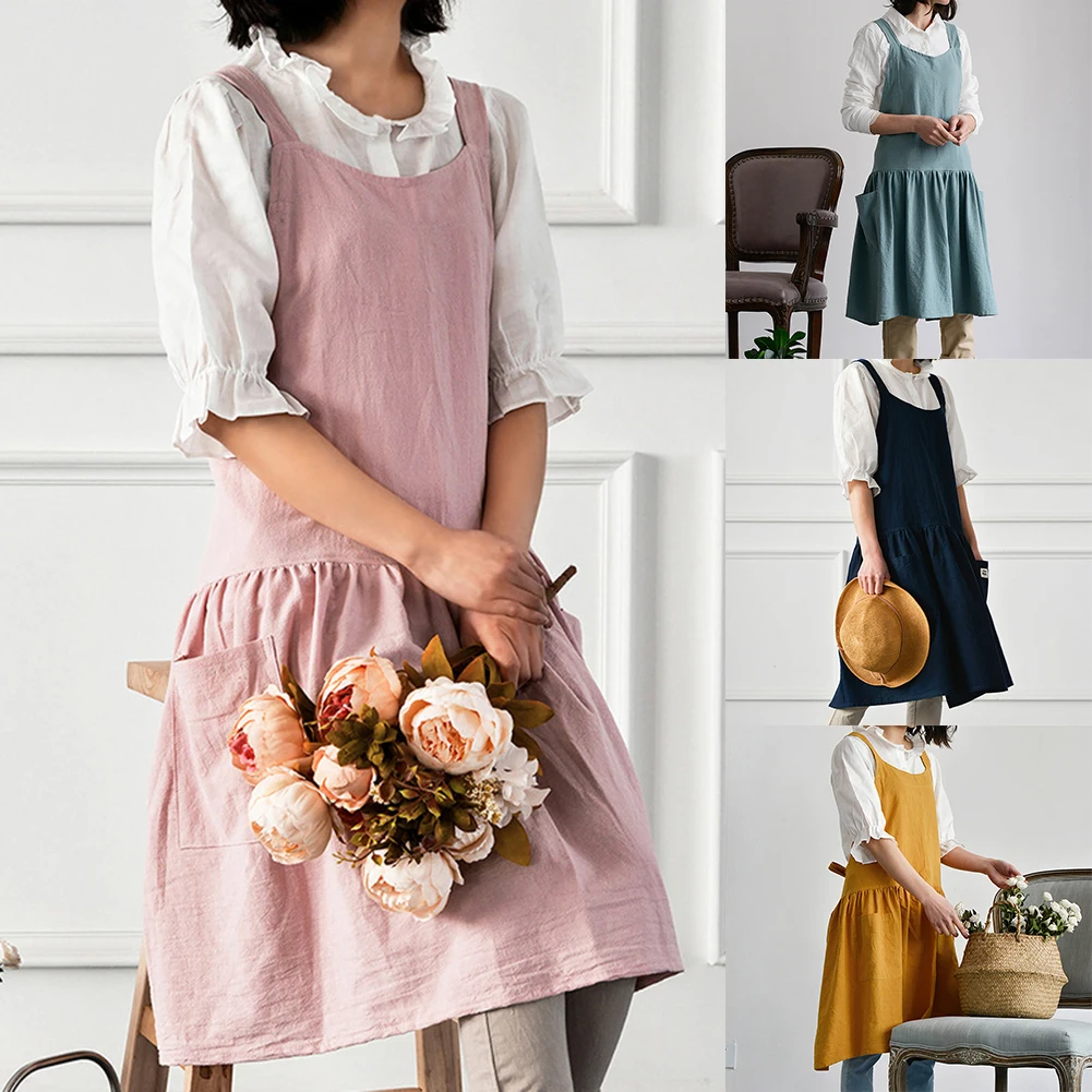 Women Antifouling Cross Back Pockets Cooking Baking Apron Dress Work Clothes Garden Tool Apron, Kitchen Baking Cotton Apron Cook