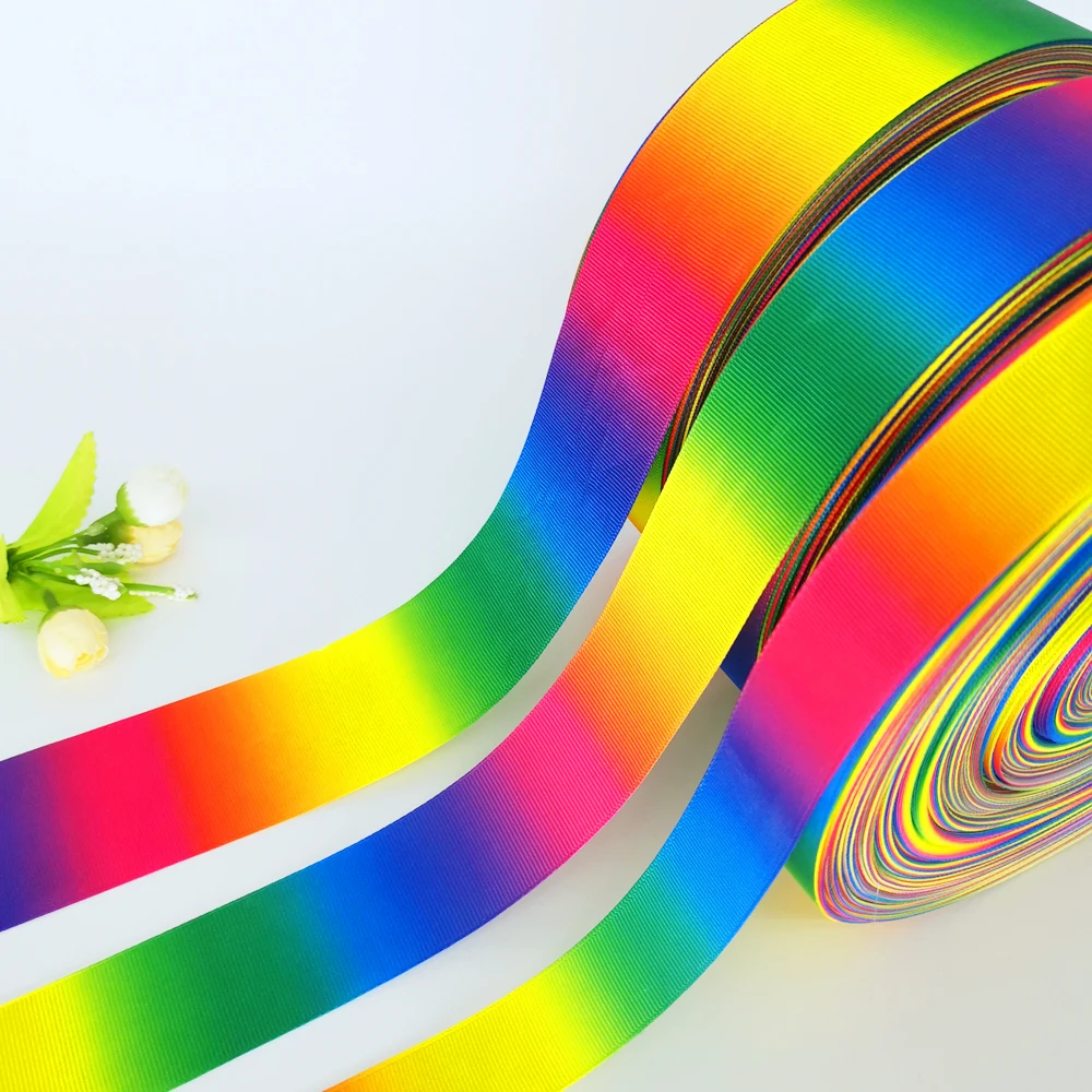 DIY Rainbow Color Gradation Printed Grosgrain Ribbon Hair Bow Party Sewing Glitter Craft 5 Yards 25mm 38mm 50mm