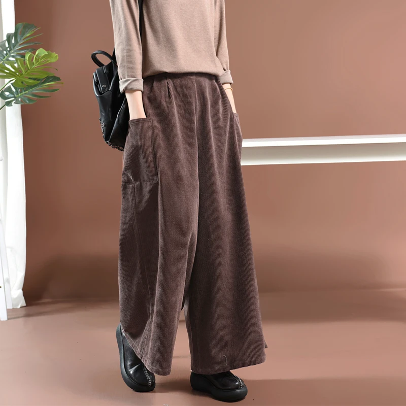 Осенне-зимние брюки женские большие размеры свободные вельветовые брюки новые женские Ретро эластичные талии карманные повседневные брюки в стиле мори для девушек