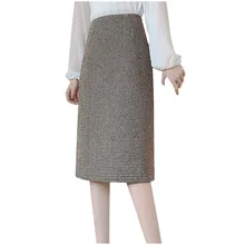 Клетчатые юбки с принтом, Женская длинная юбка с высокой талией, Осень-зима, длиной до колена, юбки больших размеров, кофейная прямая юбка#5