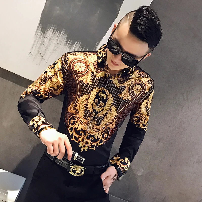 Paisley Black Gold Printed Shirt long sleeve shirt men casual shirt Men's Royal Club Clothing Korean Men's Long Sleeve Slim Long Sleeve Shirt Tuxedo