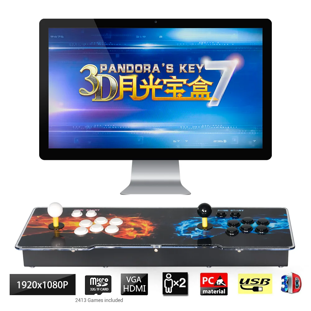 

3D Pandora's Box Key 7 Retro 2 Players 2413 Games Arcade Machine Game Console, Adding More Games, USB Game Pad Up to 4 Players