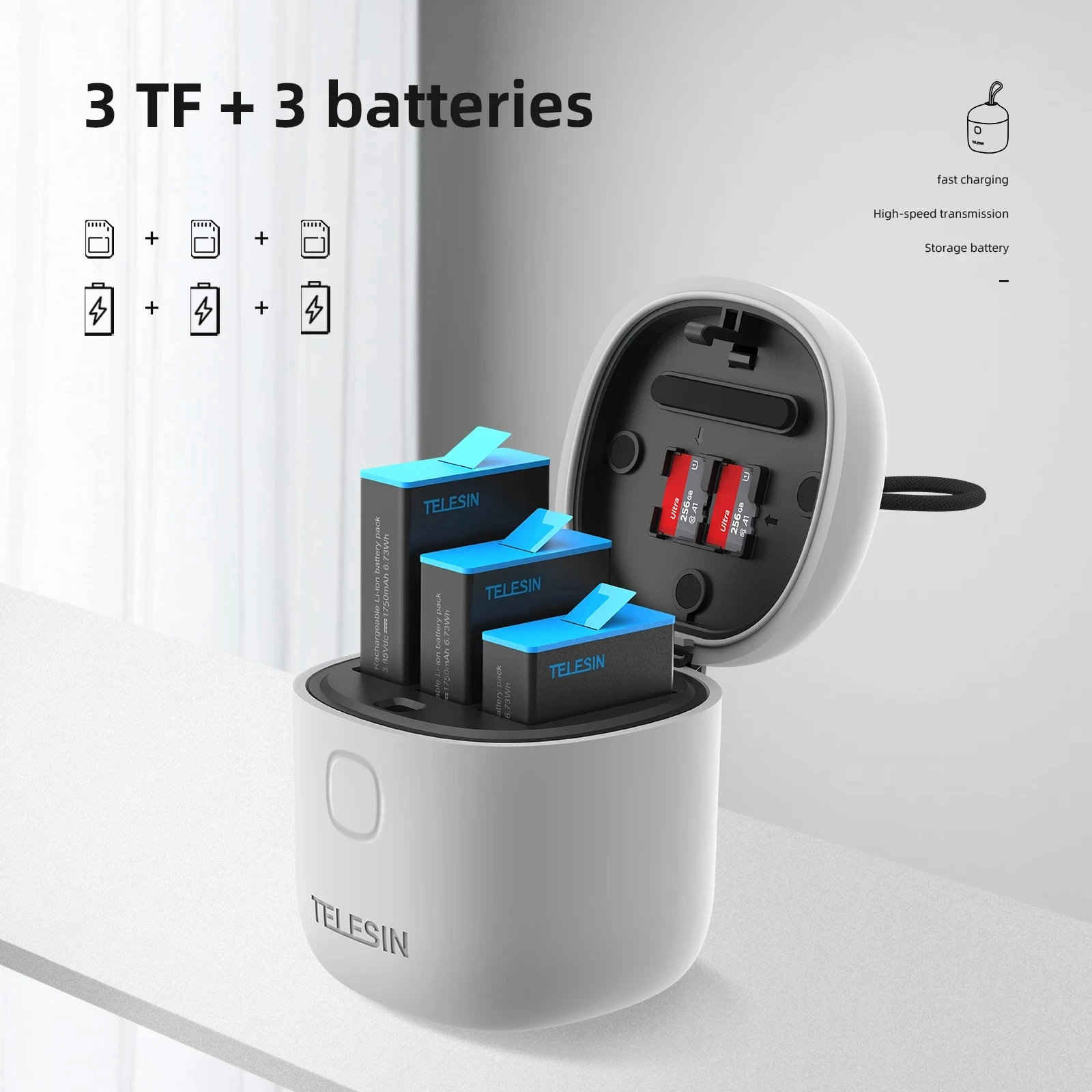 TELESIN Chargeur Triple et boîte de Stockage de Batterie avec
