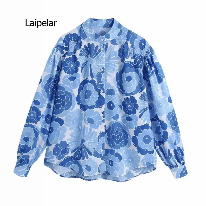 Autumn floral print long-sleeved casual top women's retro oversized shirt 2021