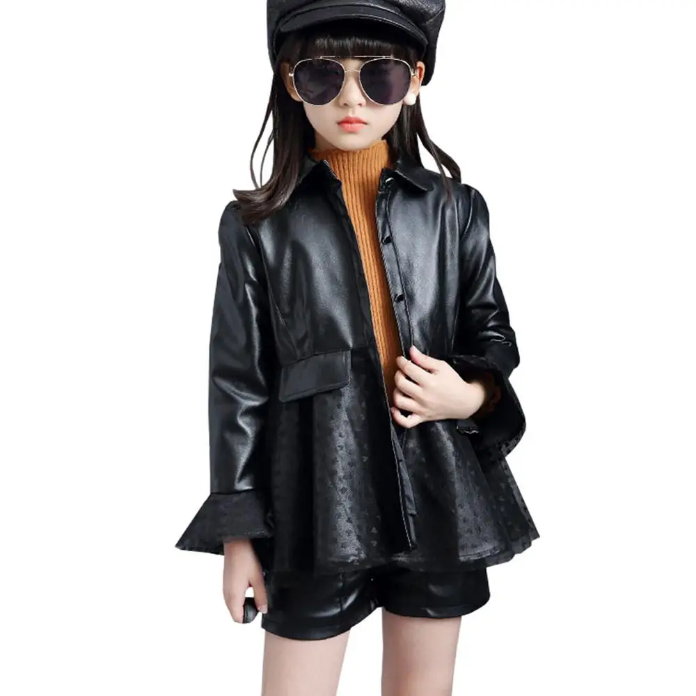 

4-12 Years Girls PU Leather Jackets Cute Lace Patchwork Long Red Coats Children'S Bell Sleeve Single-breasted Outerwear for Kids