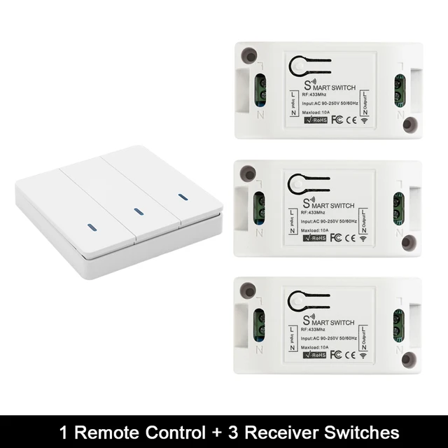 Rubrum Wall Switch 433Mhz Wireless RF 86 Wall Panel Transmitter Switch and AC 110V 220V Relay Receiver For Home Light LED Lamp 1 RC and 3 Receiver