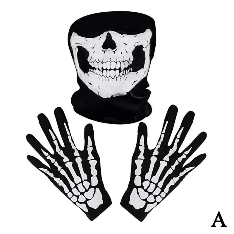 Halloween Skeleton Gloves Skull Face Mask Scarf Set Unisex Scary Ghost Paw Gloves Bleeding Cosplay Halloween Party Decoration