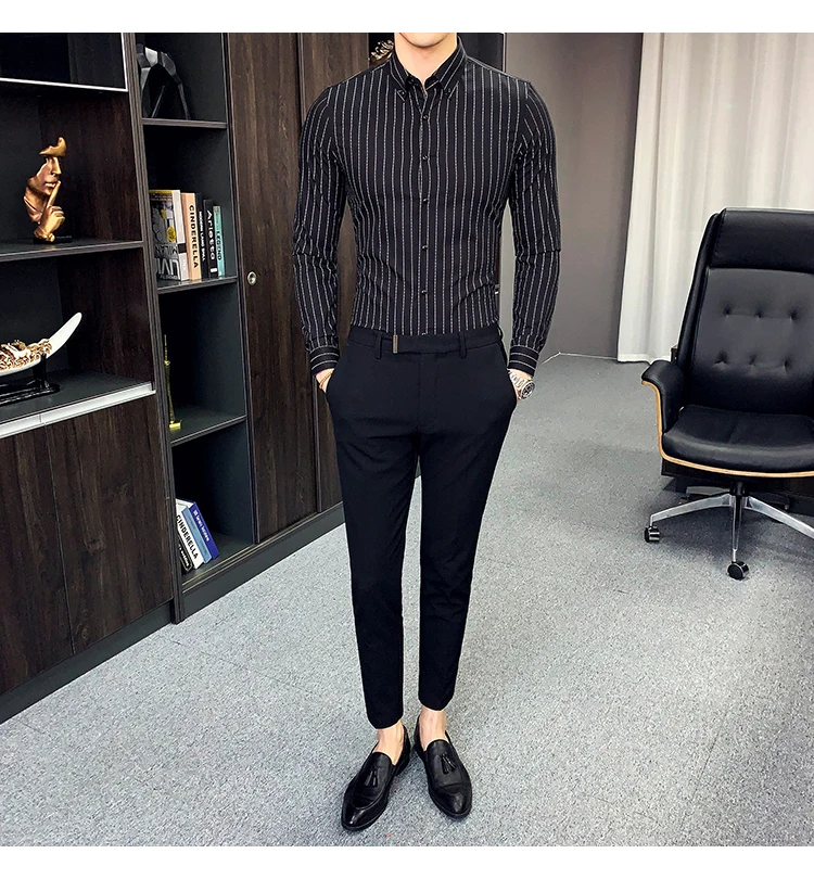 Camisa De Hombre Elegante полосатая белая рубашка с длинными рукавами Мужская офисная рубашка рубашки соцовый бизнес мужские рабочие рубашки черное качество