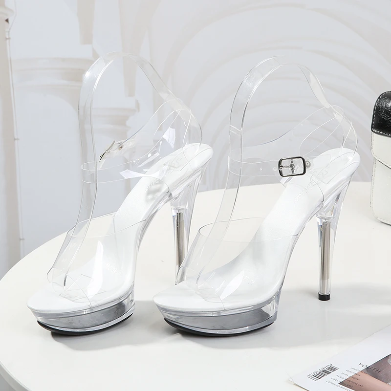 Summer 13cm High Heel Slippers Women Crystal Thin Heel Ankle Wrap Shoes Sexy Woman Transparent Antiskid Bottom Platform Sandals women high heels platform high heels sandals platform sandals ankle buckle sandals