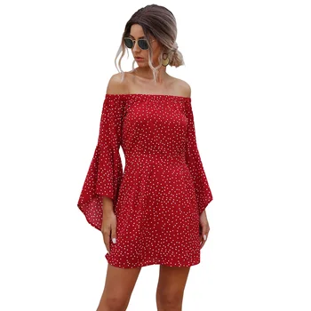 

Off Shoulder Slash Neck Chiffon Party Dress Women Fashion Flare Sleeve Red Dot Summer Dress Plus Size Slim Casual Beach Vestidos