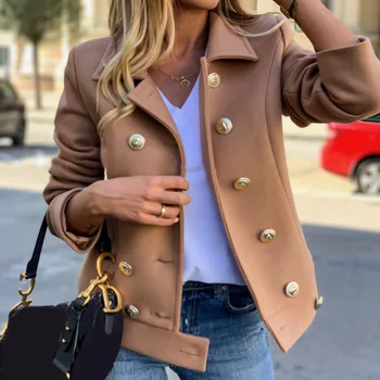 

Wool Jacket Women Vintage Turn Down Collar Khaki Jackets Coat 2020 Spring Solid Lady Double Breasted Jacket Female Outerwear D40