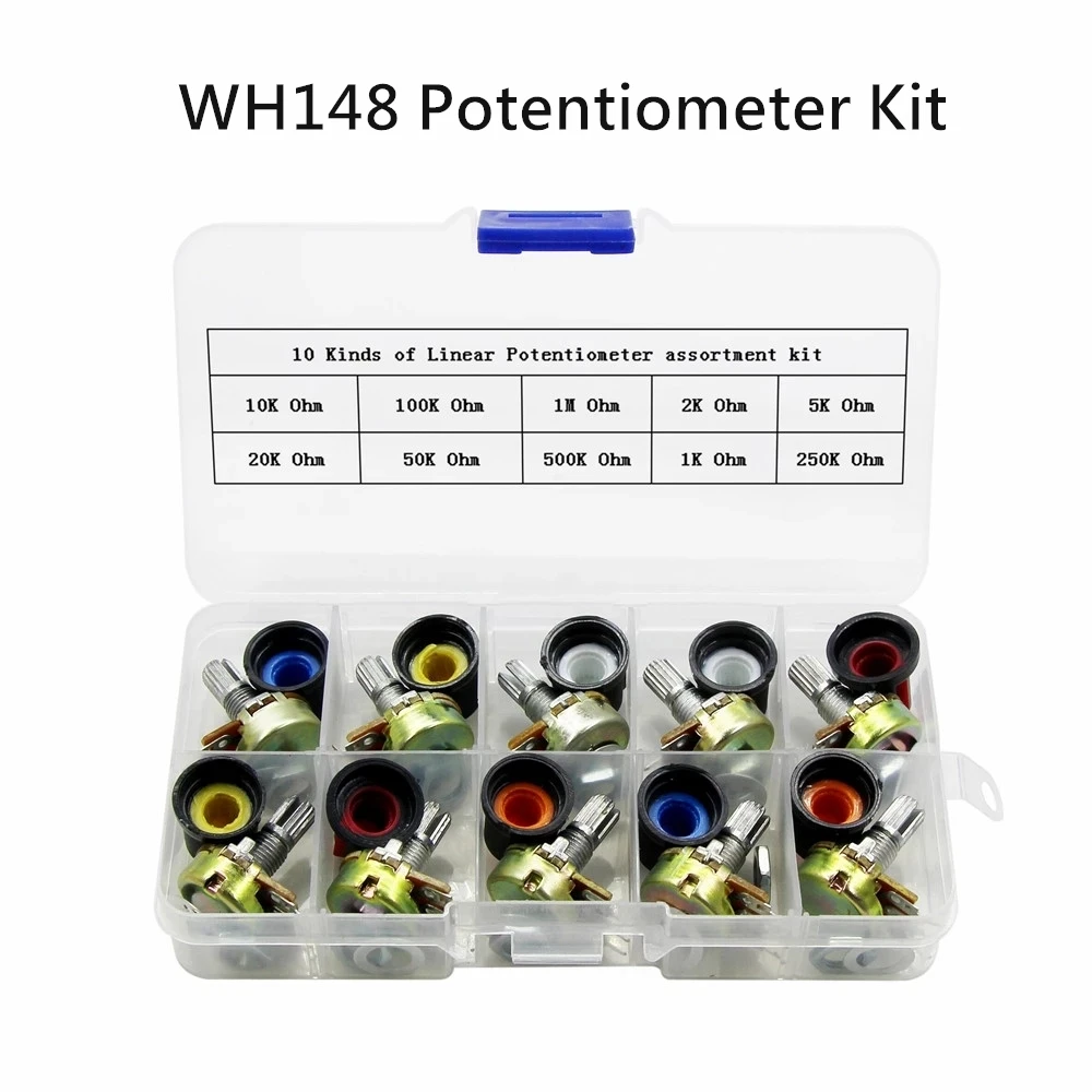 WH148 Potentiometer Kit B1K 2K 5K 10K 20K 50K 100K 250K 500K 1M 15mm Linear Taper Rotary Resistor Set 3pin WithCap | Электронные