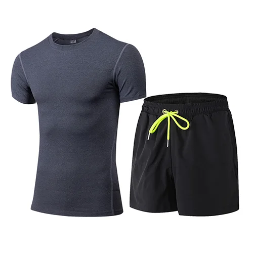 Yuerlian XXL компрессионные колготки для фитнеса набор быстросохнущая спортивная одежда костюм футболка для спортзала шорты спортивный костюм для мужчин спортивный костюм для бега - Цвет: gray1003black7014