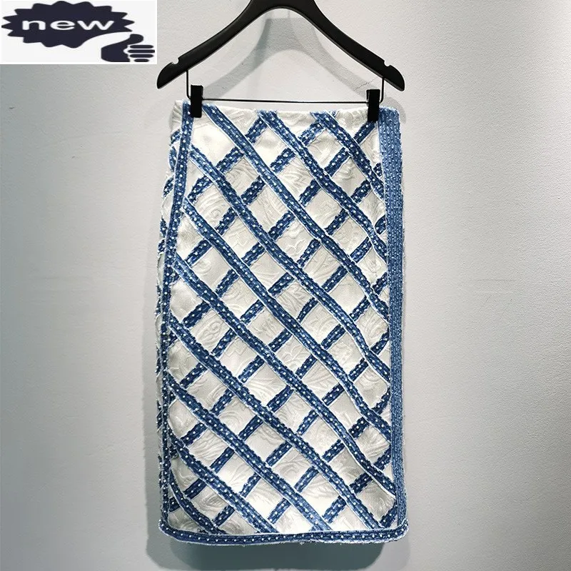 

Designer Women Plaid Pearls Bead Mid Calf Long Skirt Elegant Ladies Party Slim Fit 2021 Fashion Denim Patchwork Straight Skirts