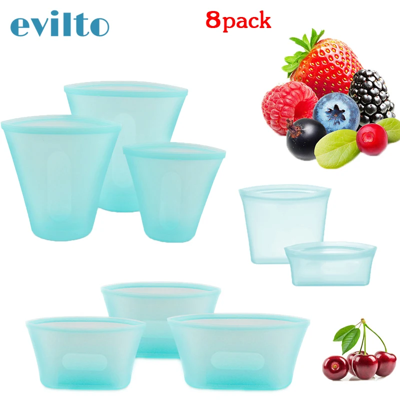 

8pcs Silicone Food Storage Containers Set Fresh Bowl Cup Bag Reusable Stand Up Zips Shut Bag Fruit Vegetable Storage Bag