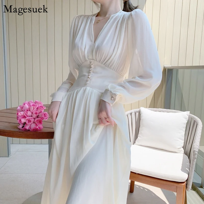 

2021 Solid Spring Summer Cshiffon Dress Women Long Sleeve Maxi Dress Female Sexy V-neck Loose Casual Dresses Woman Vestido 12097