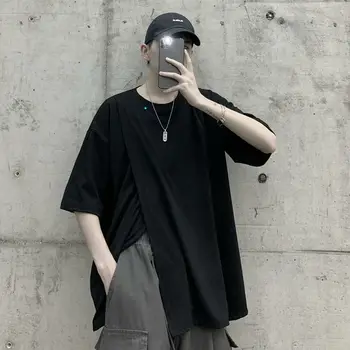 

Men's T-shirt 2020 summer slim solid color slit monogram printed five-cent sleeve T-shirt loose casual young men's wear