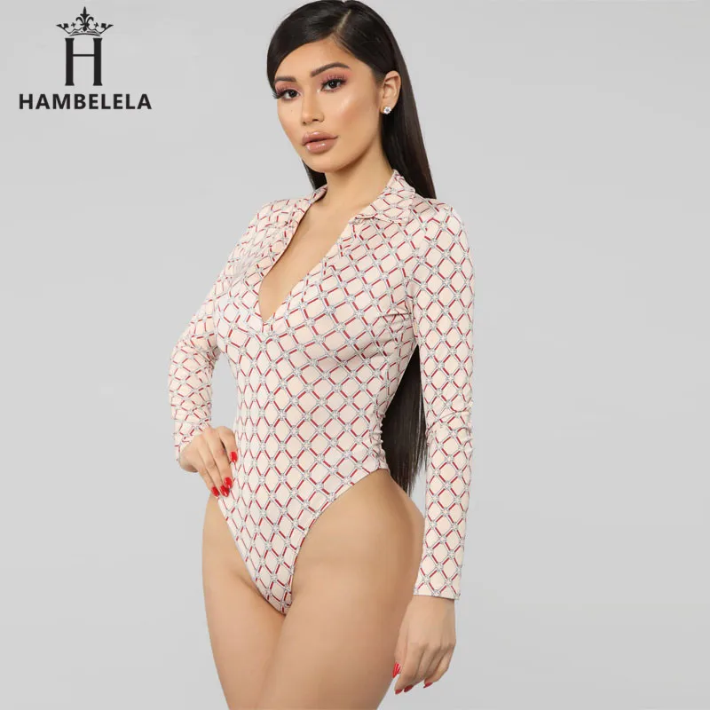 HAMBELELA, Осень-зима, боди с длинным рукавом, женские повседневные клетчатые боди с принтом, женские, глубокий v-образный вырез, шикарные топы для женщин, Новинка - Цвет: Розовый