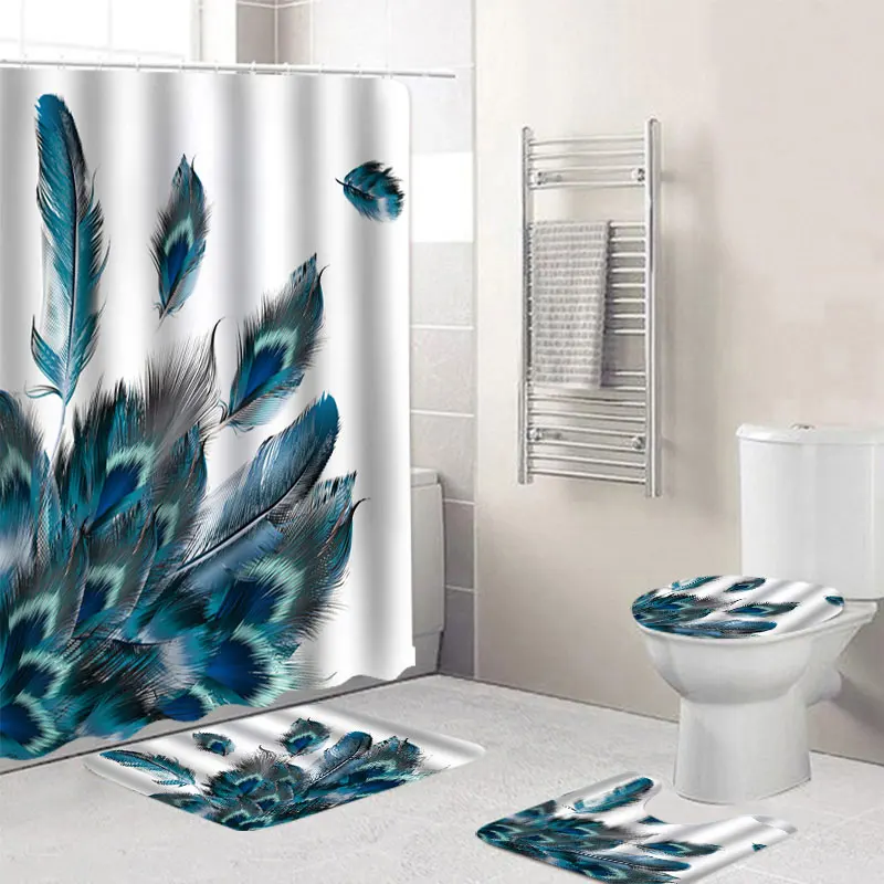 Peacock Flowers Bathroom Waterproof Fabric Shower Curtain Bath Mat Multi-pattern 