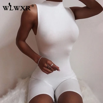 

WLWXR White Sexy Summer Romper Rompers Women Jumpsuit Female Sleeveless Elastic Fitness Bodycon Ladies Jumpsuit Women Playsuit