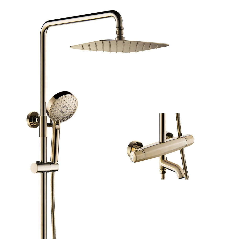 Thermostatic Three Functions Golden Brass Bathtub Diverter Mixer Tap Multifunction Hand Held Shower Head Bathroom Faucet