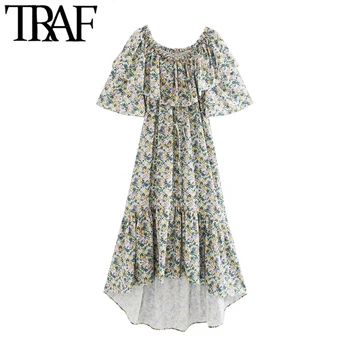 

TRAF Women Chic Fashion Floral Print Ruffled Midi Dress Vintage O Neck Short Sleeve Irregular Female Dresses Vestidos