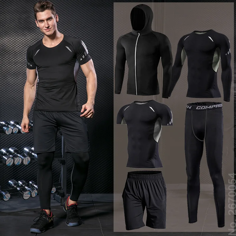 Men's Athletic Gym Compression Shirt Shorts Set Running Training Bottoms Wicking 