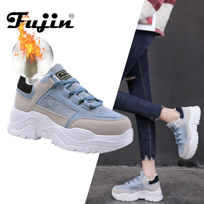 Baratos FUJIN mujer Casual Sneakers invierno Zapatillas de piel de peluche cálido zapatos de mujer con cordones botas femeninas commfortable zapatos de plataforma Mujer