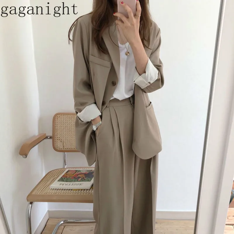 

Gaganiaght Casual Fashion Women Solid Two Pieces Set Office Lady Suit BF Style Blazer High Waist Wide Leg Pants New 2 Pieces Set